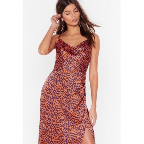 Nasty Gal Cheetah Print Satin Blue Orange Cowl Neck Maxi Dress EUC Size - 4 - Picture 2 of 10